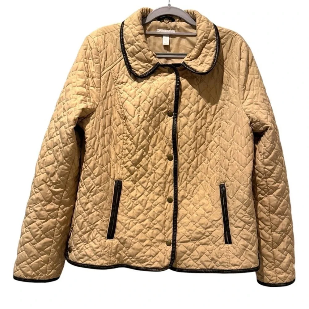 Charter Club Womens Beige‎ Quilted Barn Jacket Faux Leather Trim Size Large